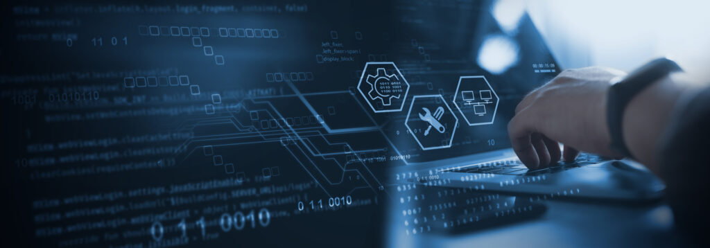 background image IT support, customer service concept. Computer engineer, technician coding on laptop computer connection with big data storage as backgrounds, digital technology, database, data management, tech support